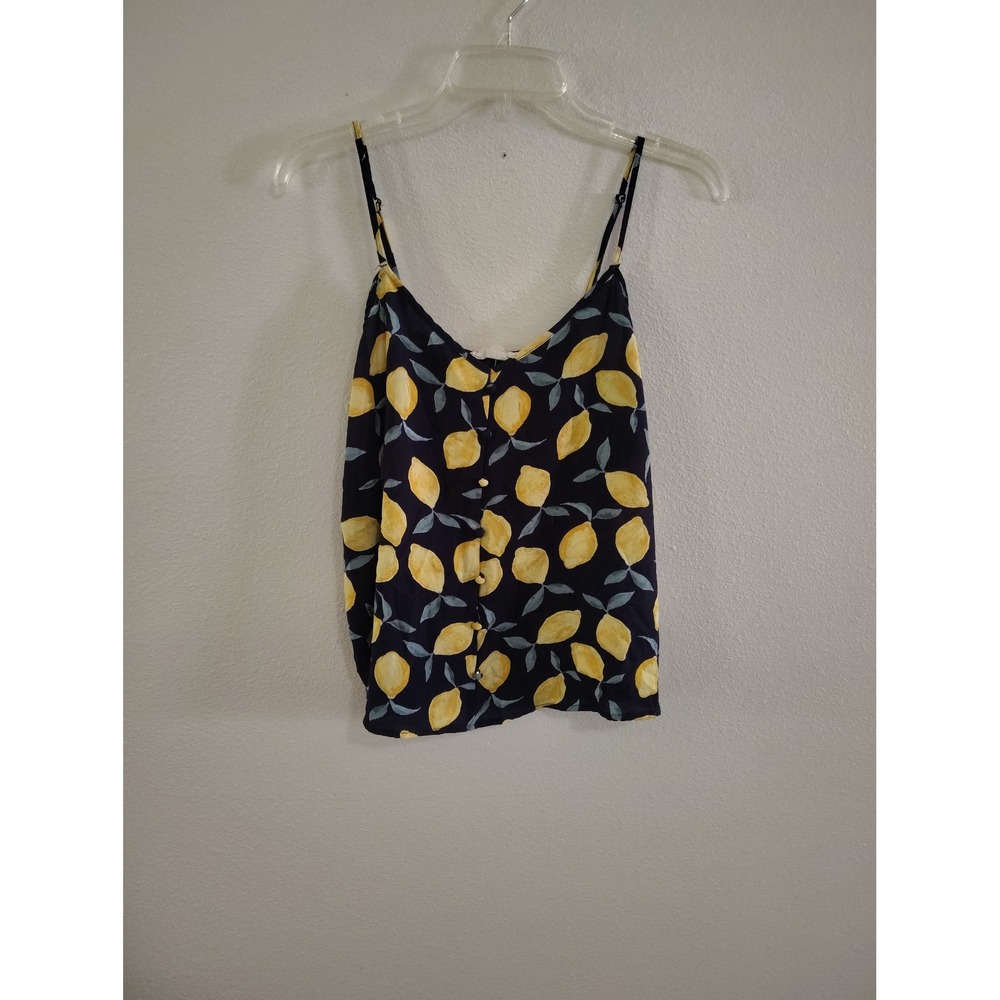 Pink Rose Womens Lemon Print Cami Top Navy Yellow Button‎ Front Medium